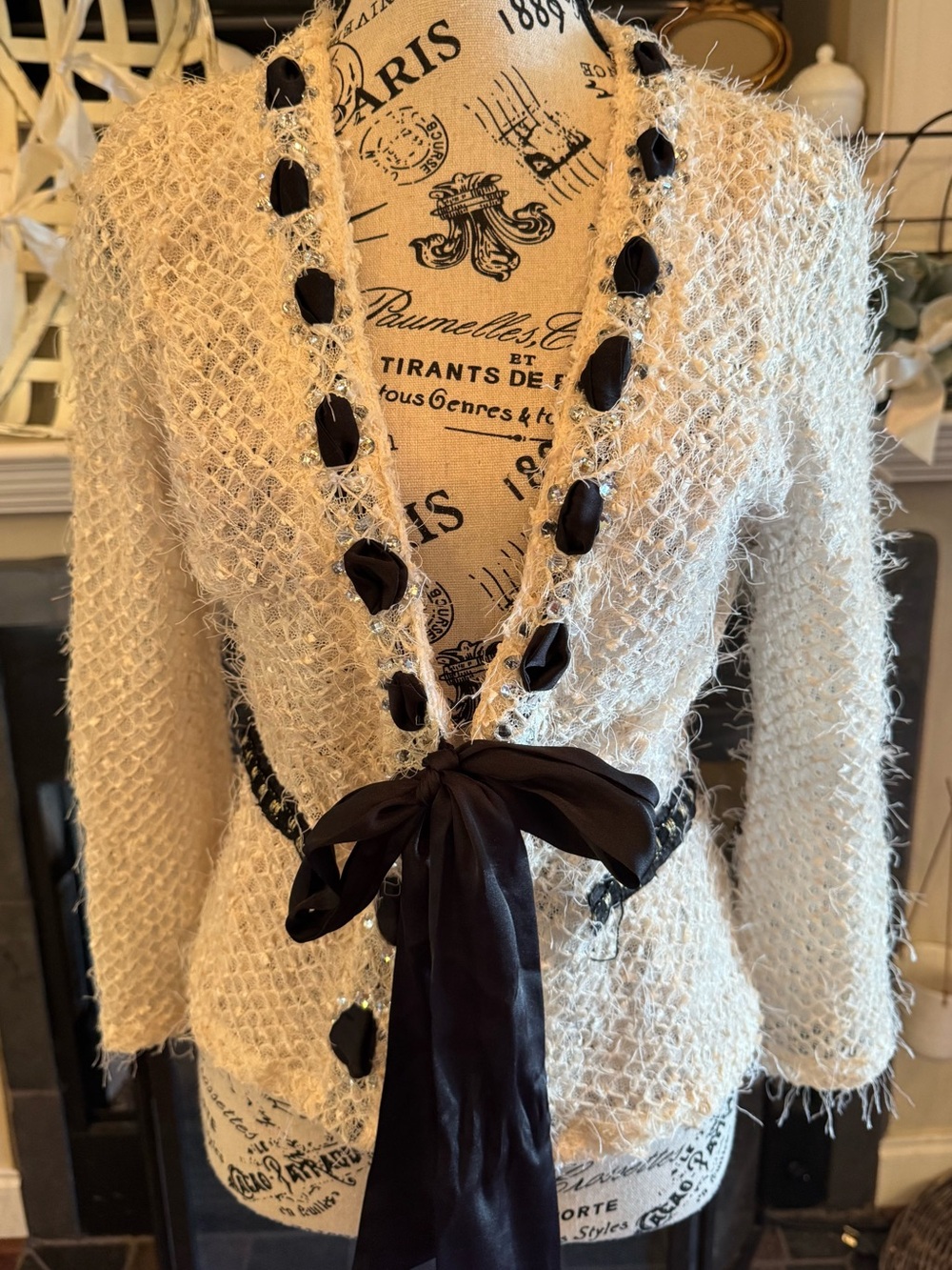 Ryu Cream Crochet Open Knit Eyelash Yarn Cardigan Black Ribbon Bow Jeweled Trim